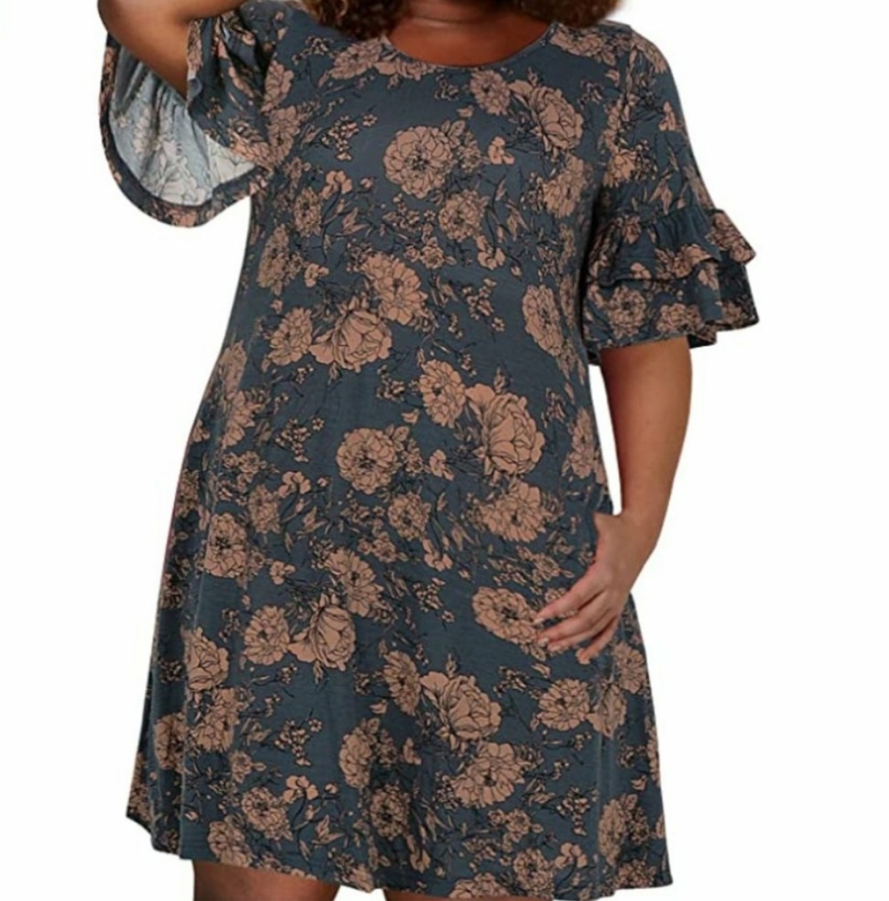 Nemidor Ruffle Sleeve Jersey Knit Floral  Swing Dress